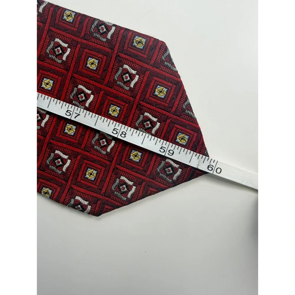 XMI Platinum Silk Tie Mens Red Geometric Square Pattern Italian Fabric USA Made